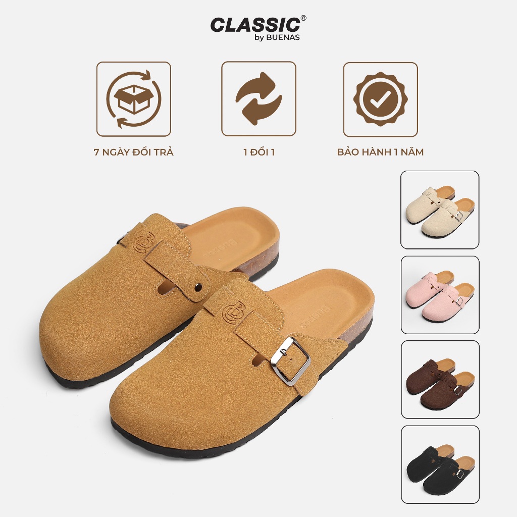 Dép sục da bò lộn màu nâu cao cấp - dép bịt mũi thời trang nam nữ BU09 Buenas Classic