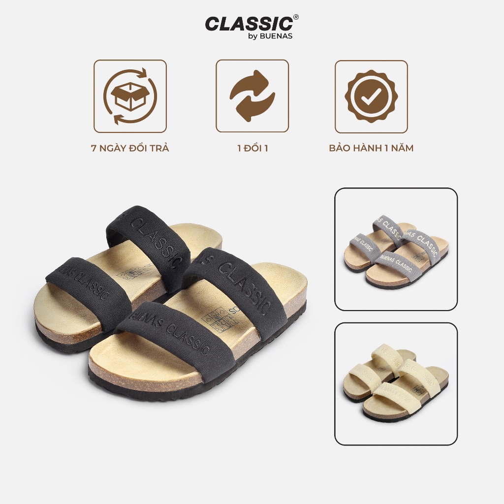 Dép đế trấu nam nữ BK07 quai ngang vải khaki, thêu chữ Buenas Classic - BK07