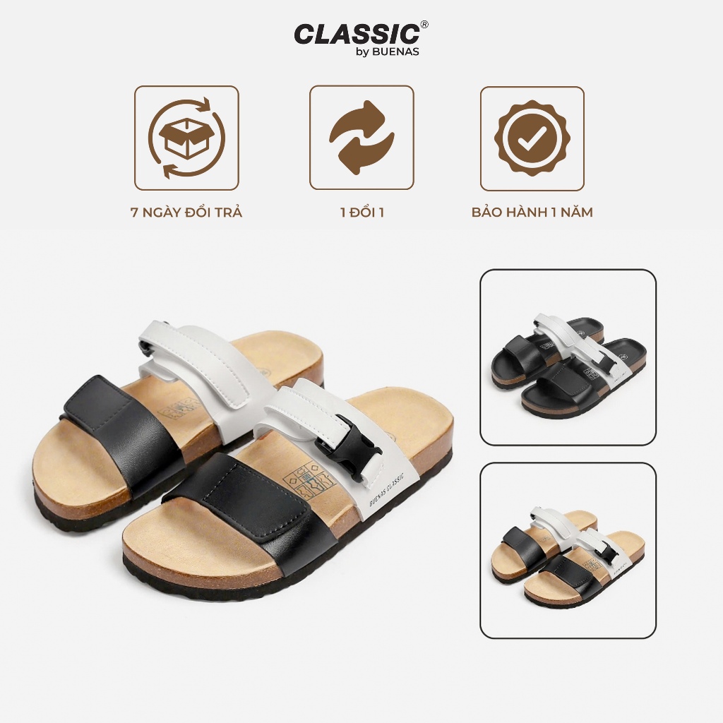 Dép đế trấu nam nữ BU07 quai da cao cấp, dép quai ngang Buenas Classic công sở, thanh lịch