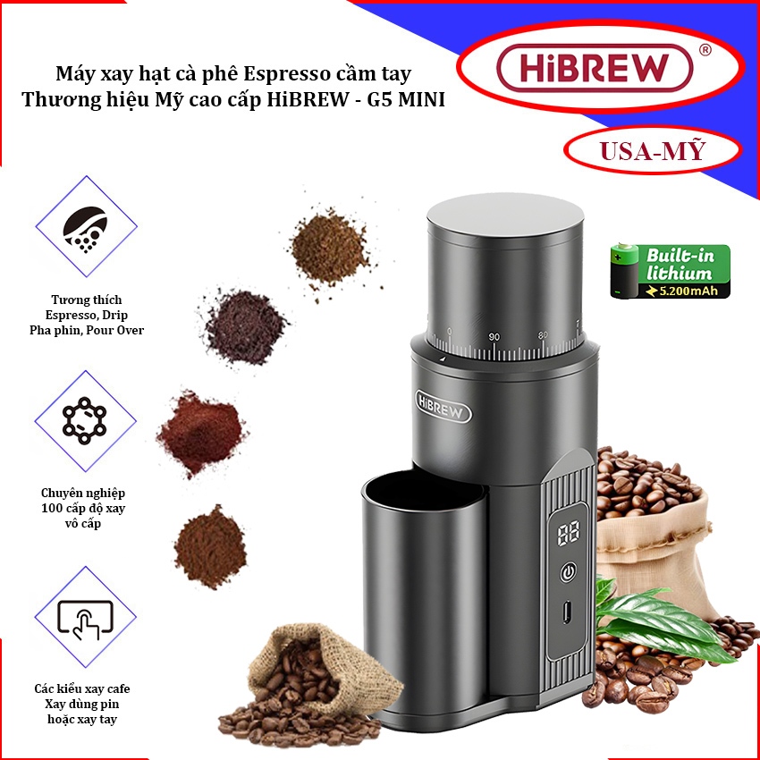 Máy xay hạt cà phê Espresso cầm tay, dùng pin. Thương hiệu Mỹ cao cấp HiBREW - G5 MINI (Bảo Hành 12 