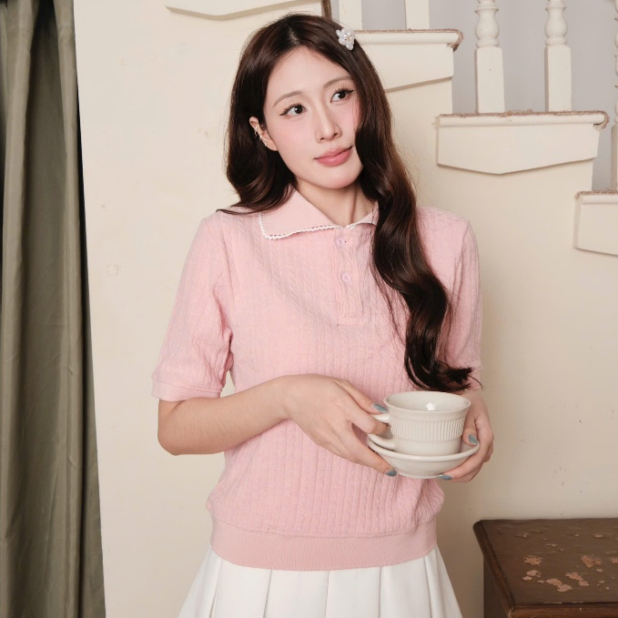NAVIE X EVA - Áo polo len dệt kim phối ren thời trang nữ | BigBuy360 - bigbuy360.vn