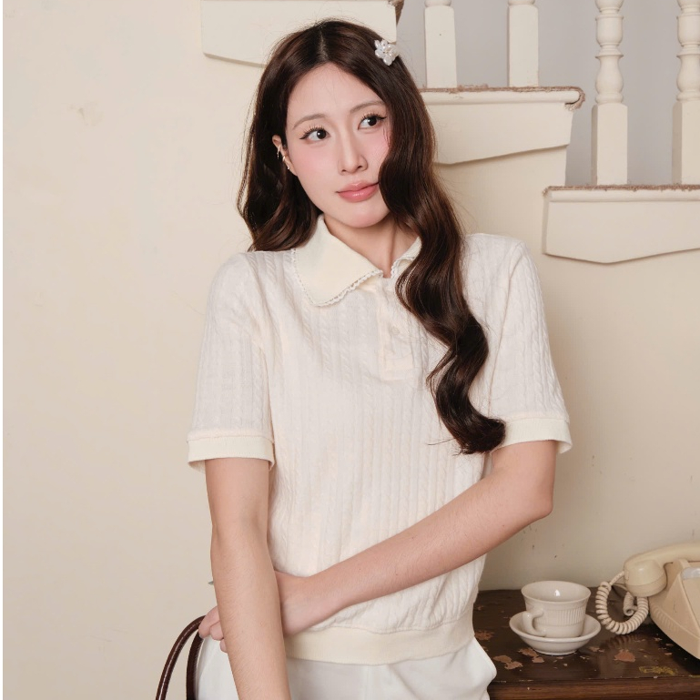 NAVIE X EVA - Áo polo len dệt kim phối ren thời trang nữ | BigBuy360 - bigbuy360.vn