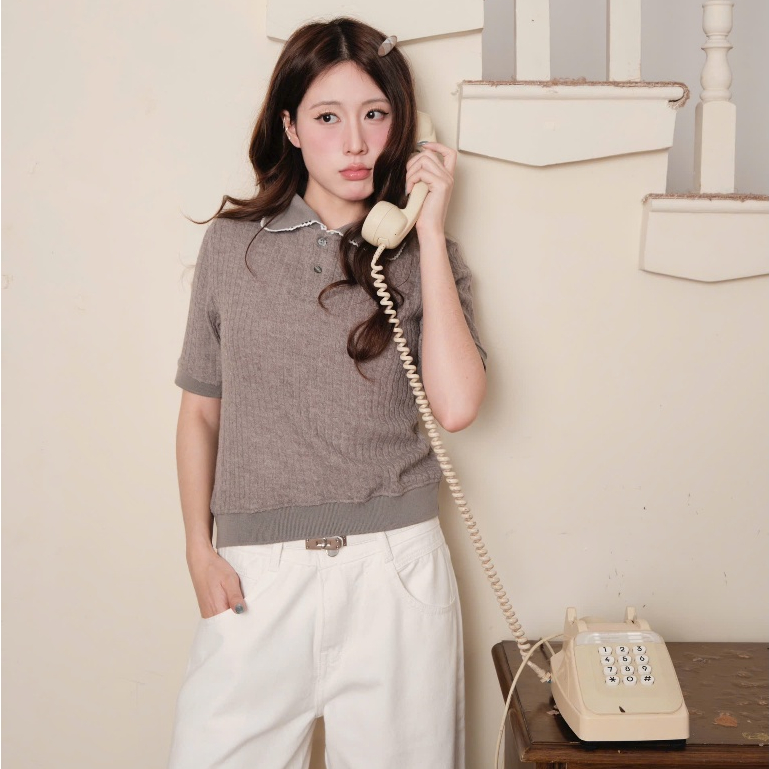 NAVIE X EVA - Áo polo len dệt kim phối ren thời trang nữ | BigBuy360 - bigbuy360.vn