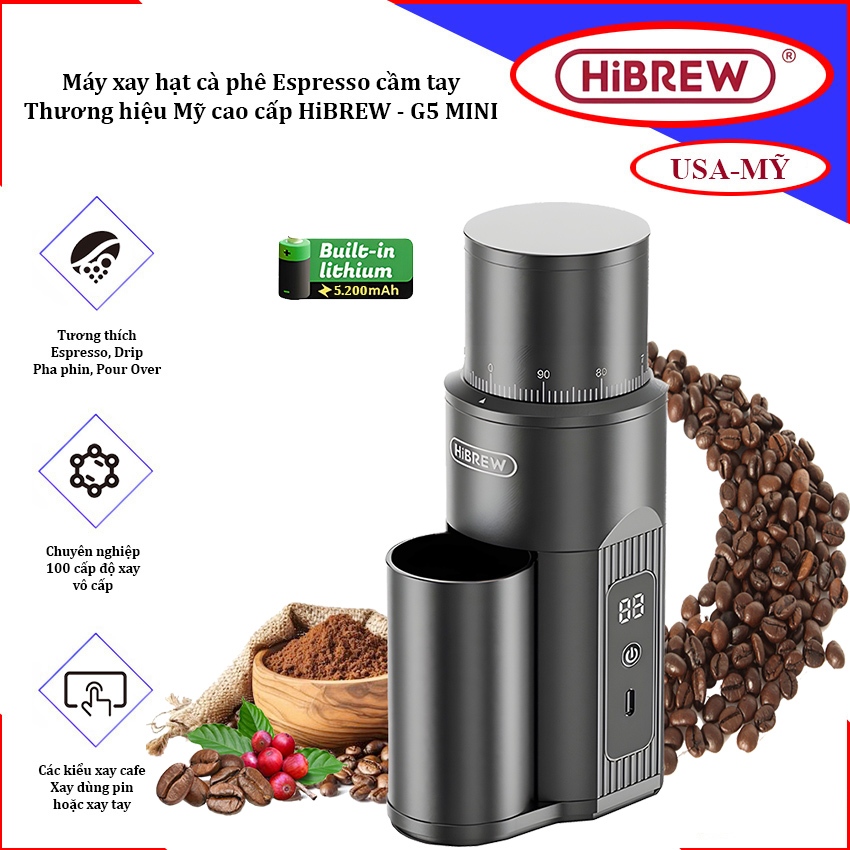 Máy xay hạt cà phê Espresso cầm tay, dùng pin. Thương hiệu Mỹ cao cấp HiBREW - G5 MINI - HÀNG CHÍNH 