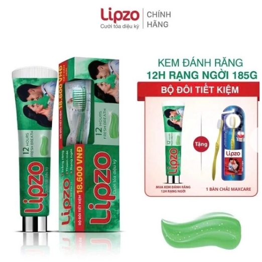 Bộ Đôi Kem Đánh Răng Lipzo 12 Giờ Rạng Ngời 185g + Bàn Chải Đánh Răng Maxcare