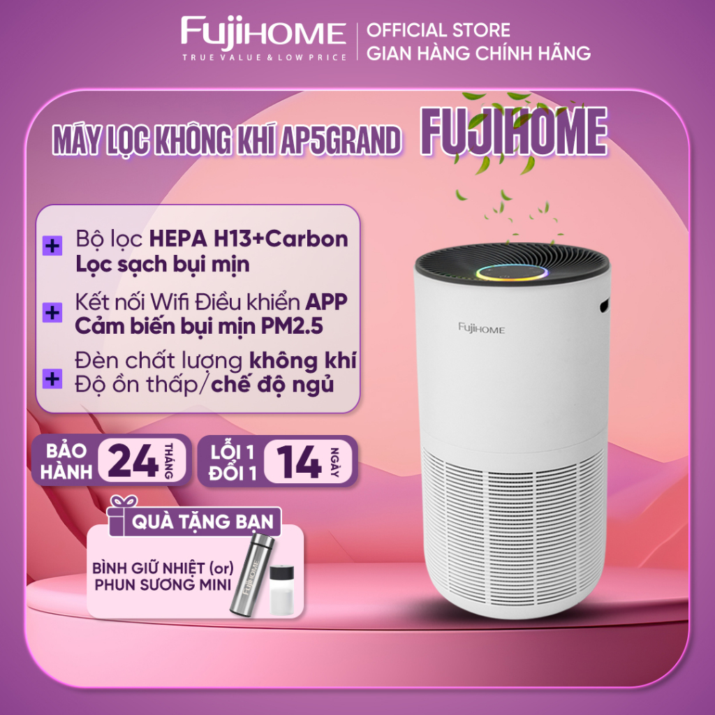 Máy lọc không khí HEPA H13 FUJIHOME AP5GRAND Lọc sạch bụi mịn PM2.5, khử mùi, kết nối WIFI điều khiển thông minh APP