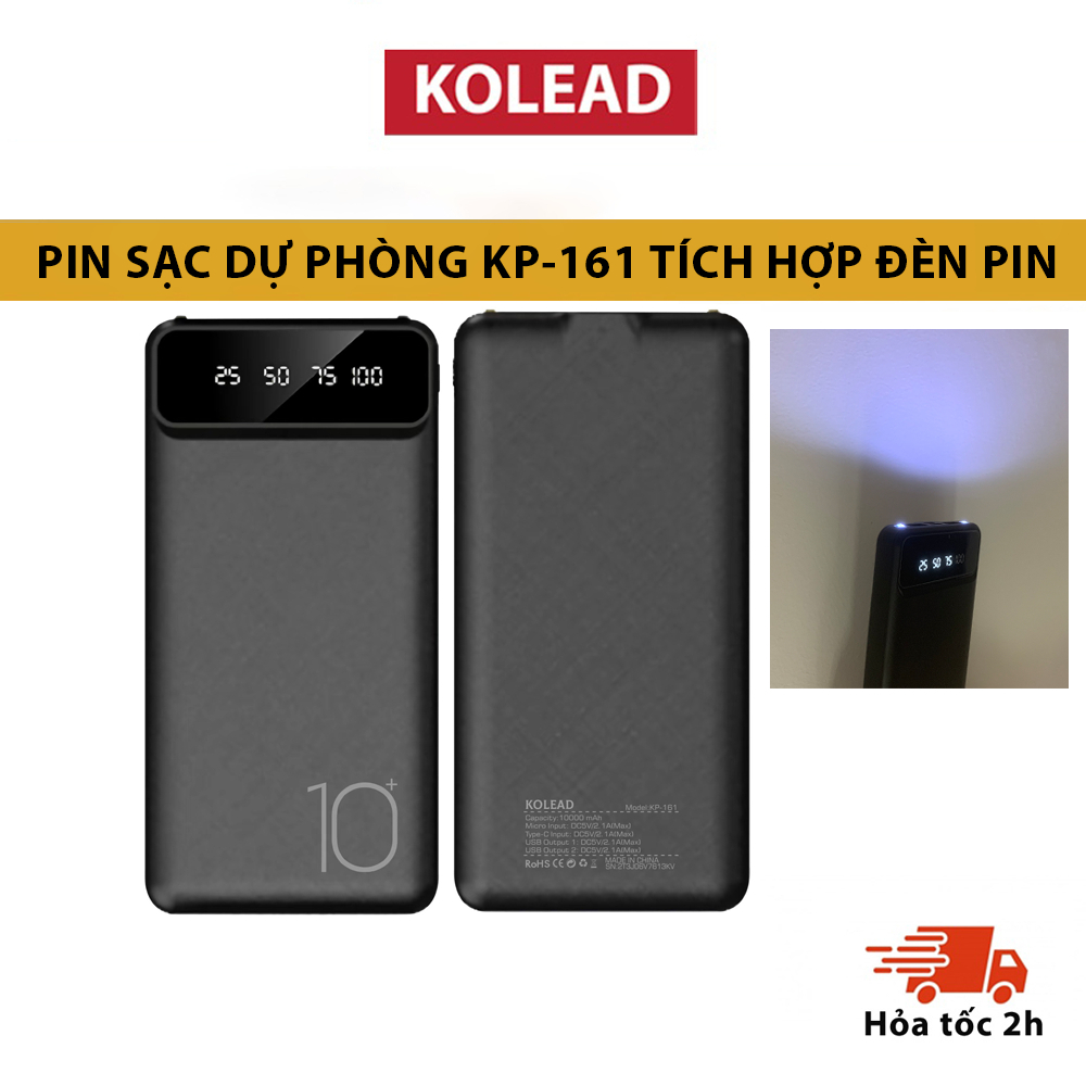 Pin sạc dự phòng tích hợp đèn pin KOLEAD KP161 10000mAh, có màn hình LED hiển thị dung lượng, thiết kế nhỏ gọn, tiện lợi