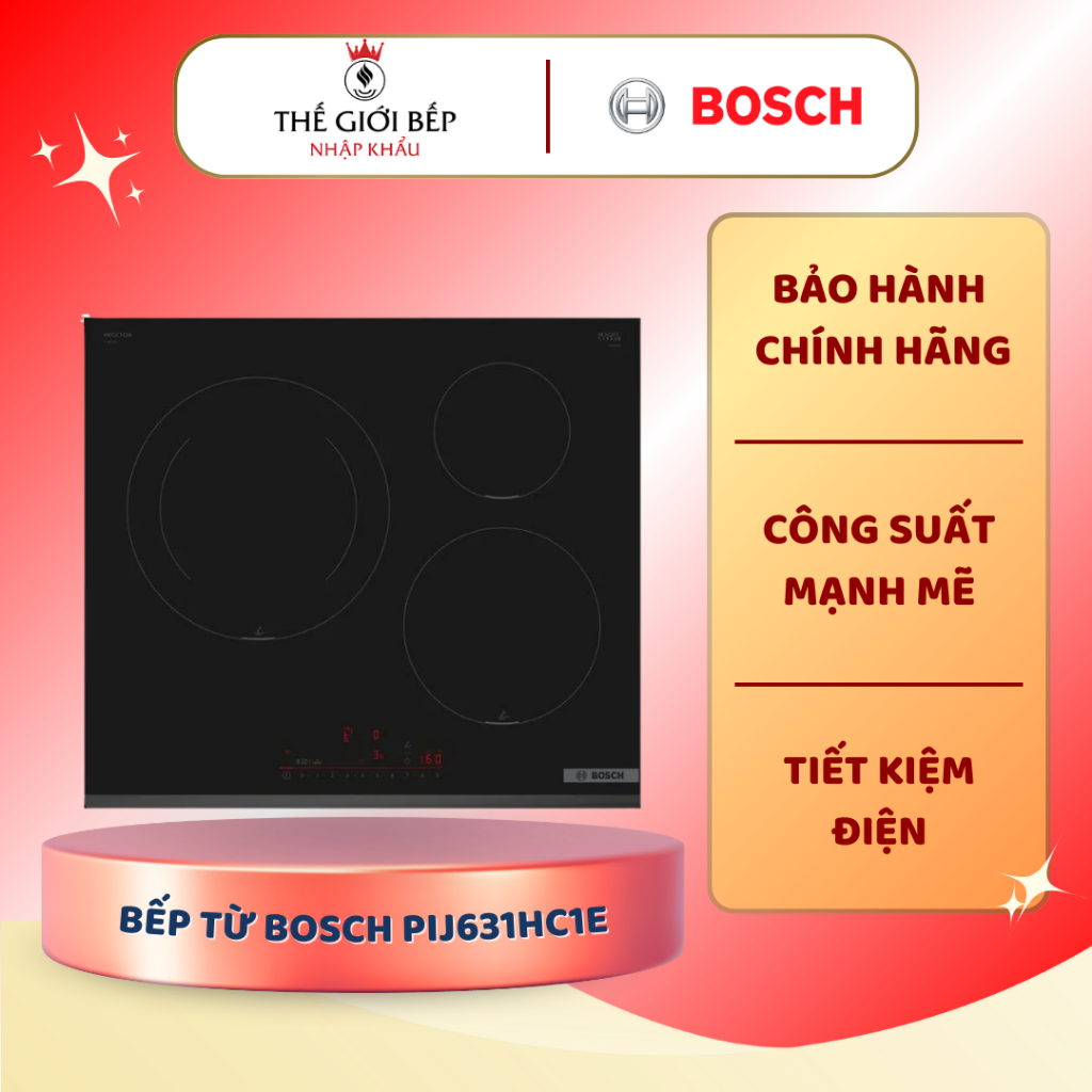 Bếp từ Bosch 3 vùng nấu PIJ631HC1E lắp âm - Công Suất 7400W, Điều Khiển Cảm Ứng, An Toàn