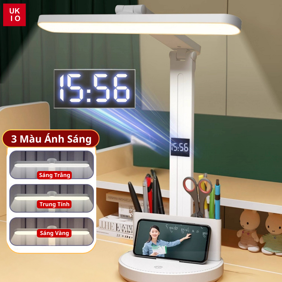Đèn học để bàn UKIO chống cận, Đồng Hồ LED hiển thị thời gian, thiết kế Hộp Đựng Bút tiện lợi