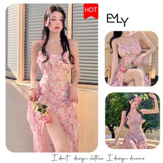 Đầm dự tiệc 2 dây dáng ôm xẻ tà midi Emilyshop