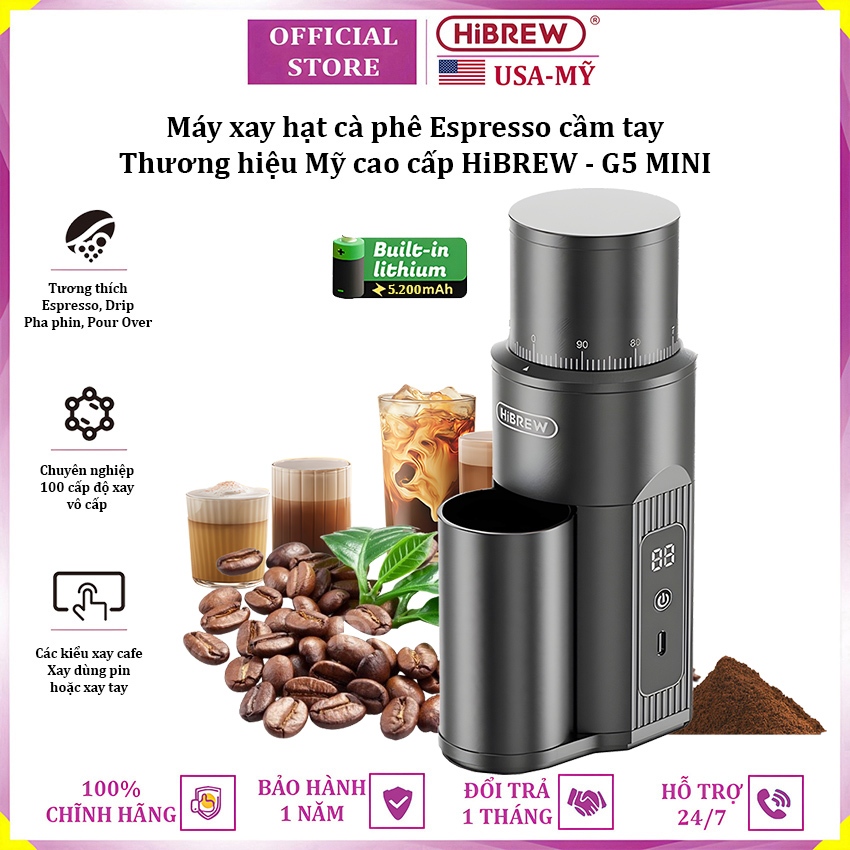 Máy xay hạt cà phê Espresso cầm tay, dùng pin thương hiệu HiBREW G5 MINI - Bảo Hành 12 Tháng