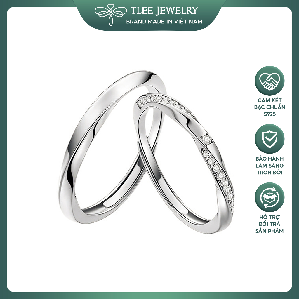 Nhẫn đôi bạc nam nữ TLEE Infinite Love xoắn mềm freesize đính đá sang trọng TLEEJEWELRY