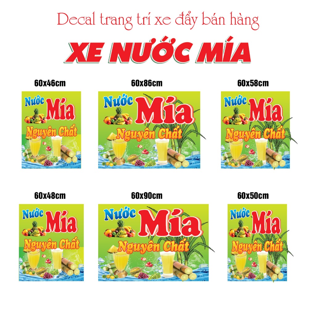 Decal dán xe NƯỚC MÍA NGUYÊN CHẤT bóng đẹp, trang trí quầy, xe nước mía