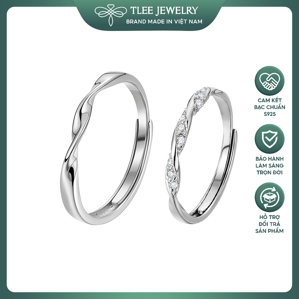 Nhẫn đôi bạc nam nữ TLEE Elite Love xoắn đôi đính đá freesize mềm mai sang trọng TLEEJEWELRY