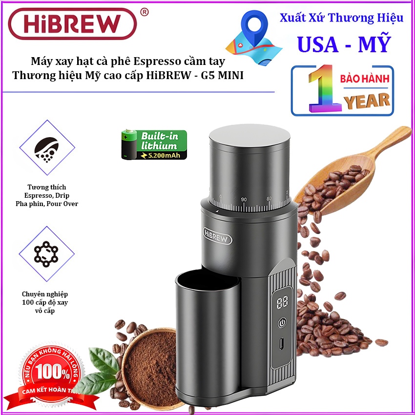 [CHÍNH HÃNG] Máy xay hạt cà phê Espresso cầm tay, dùng pin. Thương hiệu Mỹ cao cấp HiBREW - G5 MINI