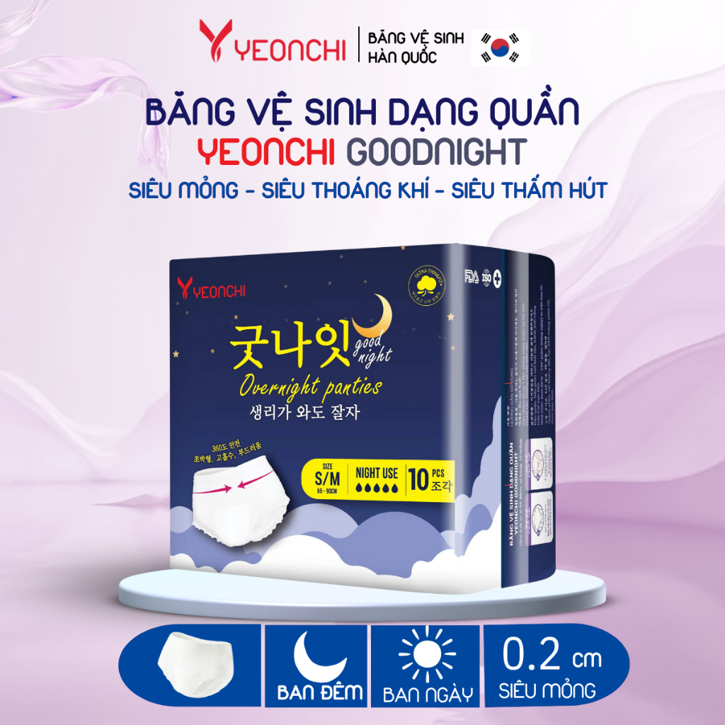 Băng vệ sinh nữ dạng quần Yeonchi Hàn Quốc mỏng mềm thấm hút chống tràn bảo vệ 360 suốt ngày đêm dâu, bvs