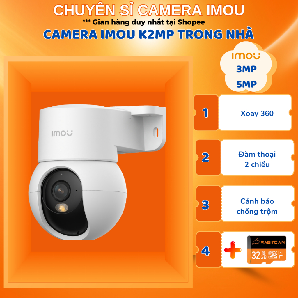 Camera IMOU trong nhà Ranger K2MP 3MP/5MP, Tích hợp chân đế gắn tường, quan sát ban đêm thông minh, Bảo hành 2 năm