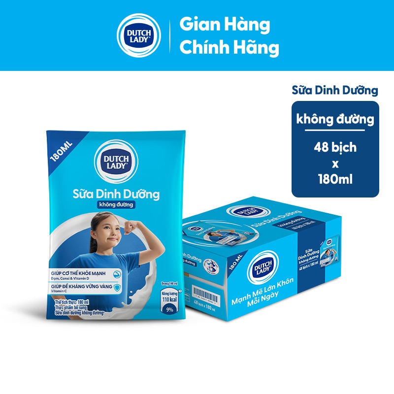 [KOL] Thùng 48 Bịch Sữa Dinh Dưỡng Dutch Lady Không Đường 48x180ml