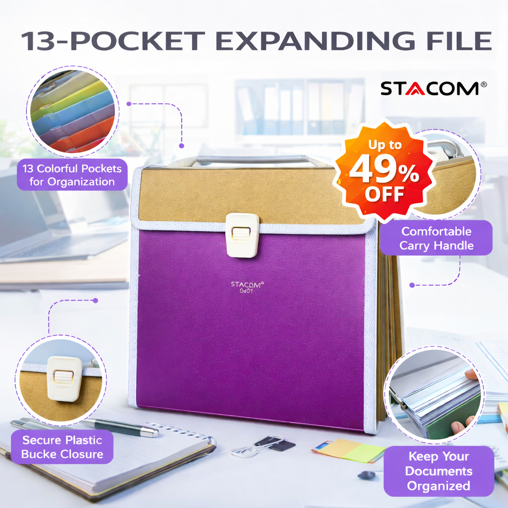 [Xả kho] Cặp hồ sơ 13 ngăn mở rộng, khổ A4 đứng, thích hợp cho khối văn phòng | Stacom D401