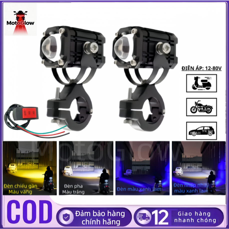 Đèn trợ sáng bi cầu mini w2 bi cầu 12-80v xe máy xe điện 133 ô tô mắt quỷ 4 chế độ tích hợp auto pas