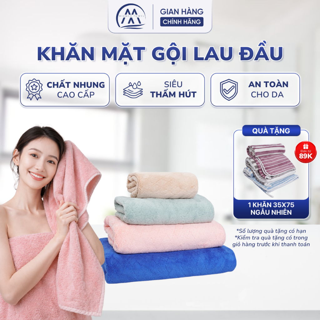 Khăn Tắm, Khăn Mặt Gội Lau Đầu MIANCO TOWEL 30x50 100% Microfiber Siêu Thấm…