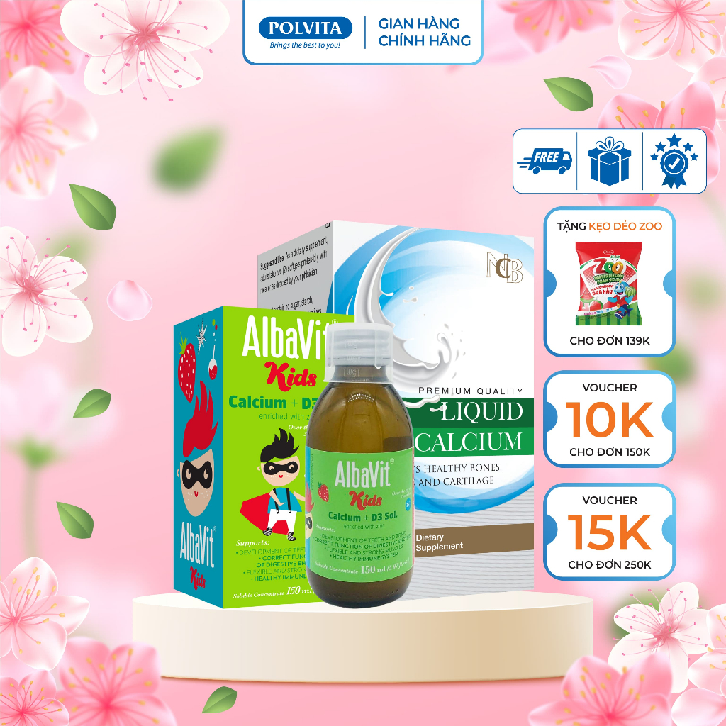 [Combo Canxi Mẹ & Bé] Albavit Kids Calcium D3 Sol + Liquid Calcium NCB - Hỗ Trợ Tăng Chiều Cao Cho B
