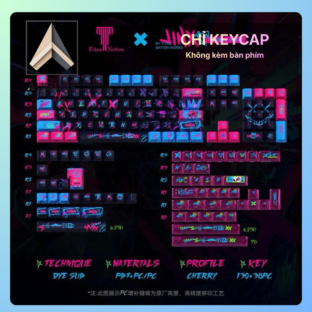 Keycap Titan Nation Jinx | 130 phím + 38 phím PC xuyên LED | PBT+PC Cherry Profile | Chỉ keycap