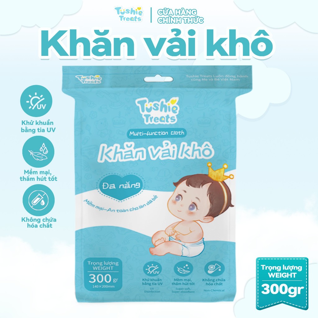 Tushie Treats Khăn vải khô đa năng cho bé 300g, dùng khô, dùng ướt tiện dụng, không mùi, không hóa chất, an toàn cho bé