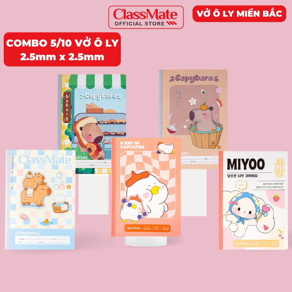 Combo 5/10 Vở Ô Li Capybara Classmate Vở 4 ÔLi 2.5x2.5mm 100gsm, 48/80 Trang Giấy Chống Lóa, Vở Học Sinh