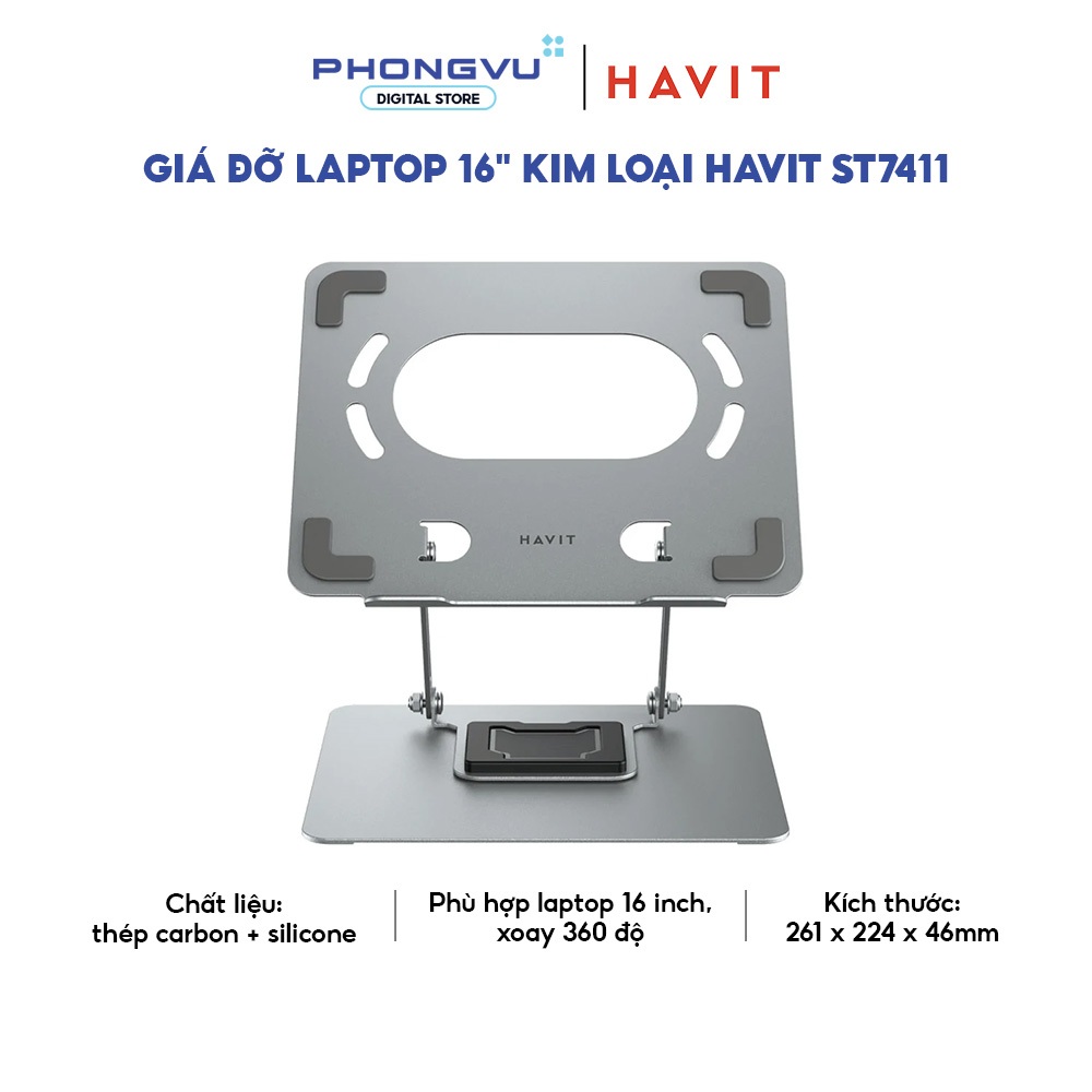 Giá đỡ laptop 16 inch Havit ST7411 (Bạc) - Kim loại - Đế xoay 360 độ - Gấp gọn - Bảo hành 12 tháng