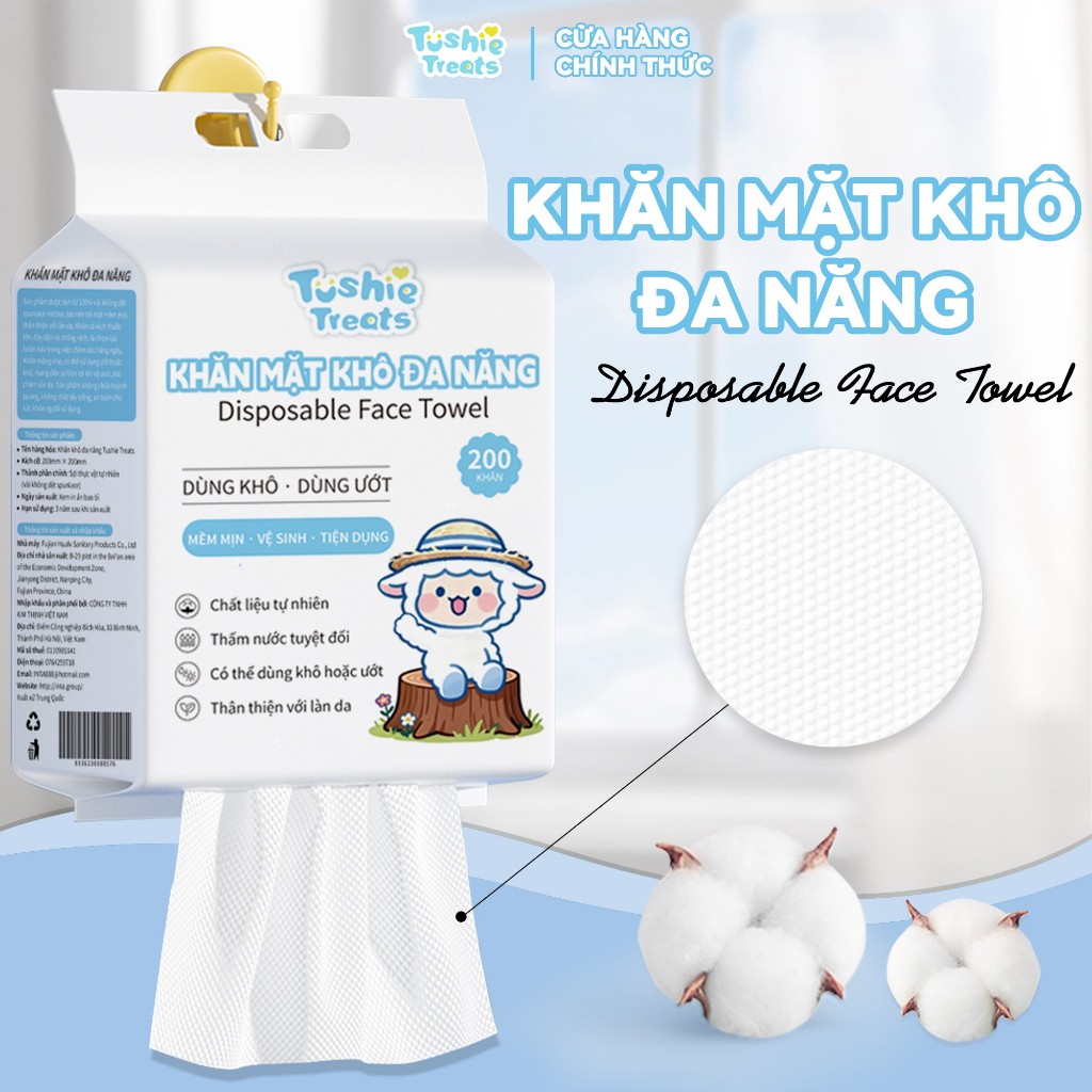 【200 rút】Tushie Treats Khăn mặt khô dùng lau khô, lau ướt, Khăn lau cotton tự nhiên, không rụng xơ, không kích ứng