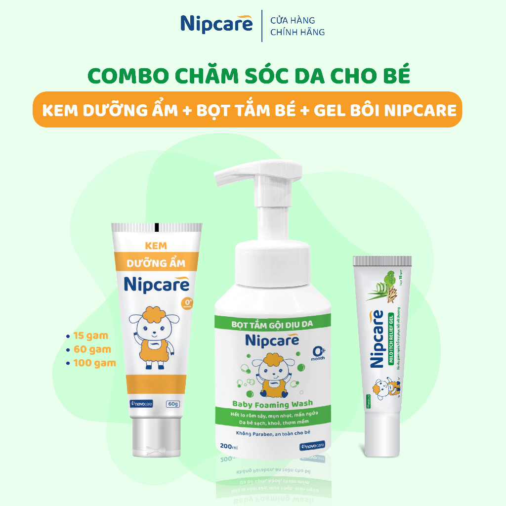 Combo chăm sóc da bé nhạy cảm, viêm da cơ địa- kem dưỡng ẩm, bọt tắm gội, gel giảm ngứa 15g Nipcare 
