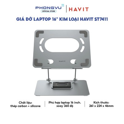 Giá đỡ laptop 16 inch Havit ST7411 (Bạc) - Kim loại - Đế xoay 360 độ - Gấp gọn - Bảo hành 12 tháng