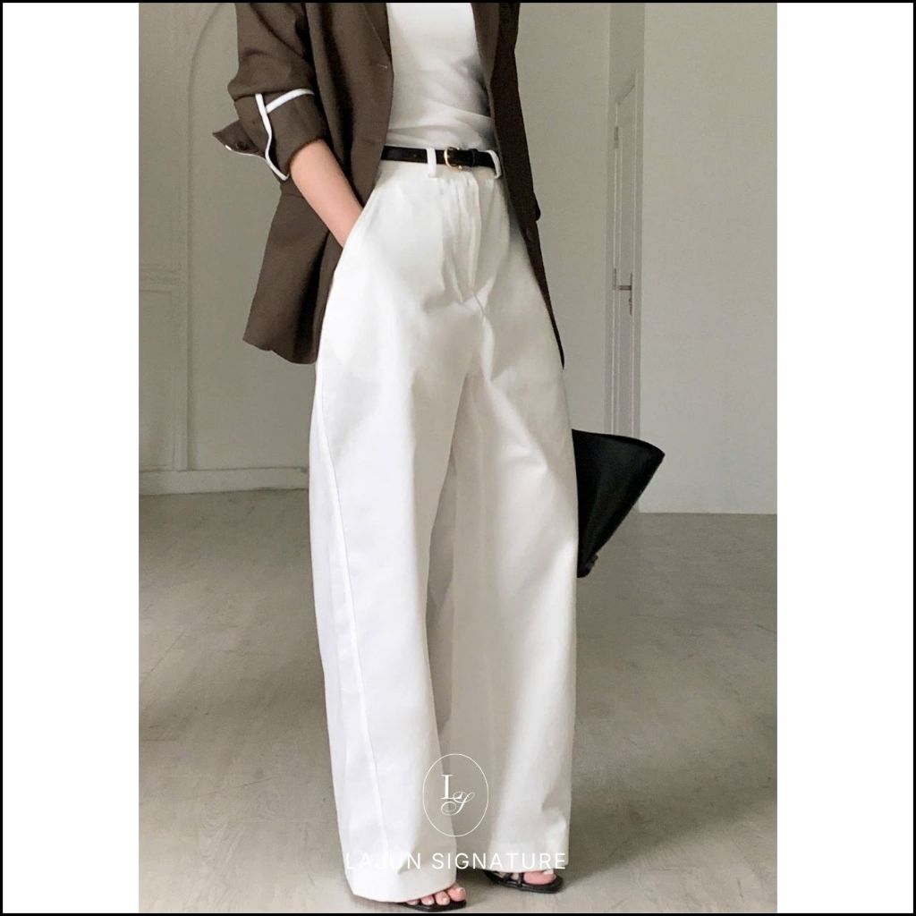 [LAJUN SIGNATURE] Quần Cotton Kaki Largo Lưng Cao Form Dài Rộng Đứng Dáng Che Khuyết Điểm Hàn Quốc