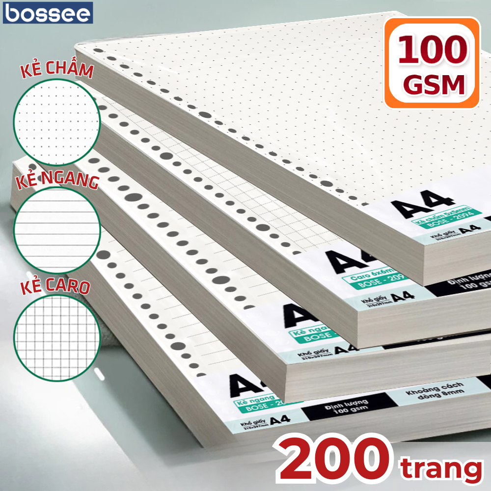 Tệp Giấy Refill Sổ Còng 200 Trang Định Lượng 100gsm Kích Cỡ A5 B5 A4 Kẻ Ngang Kẻ Vuông Kẻ Chấm