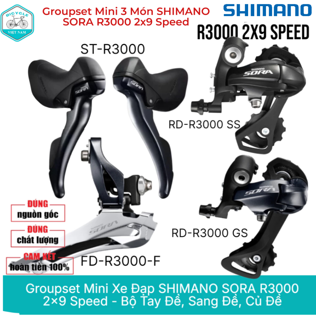 Groupset Mini 3 Món SHIMANO SORA R3000 2x9 Speed – Tay Đề Lắc, Sang Đĩa, Củ Đề Xe Đạp Chính Hãng