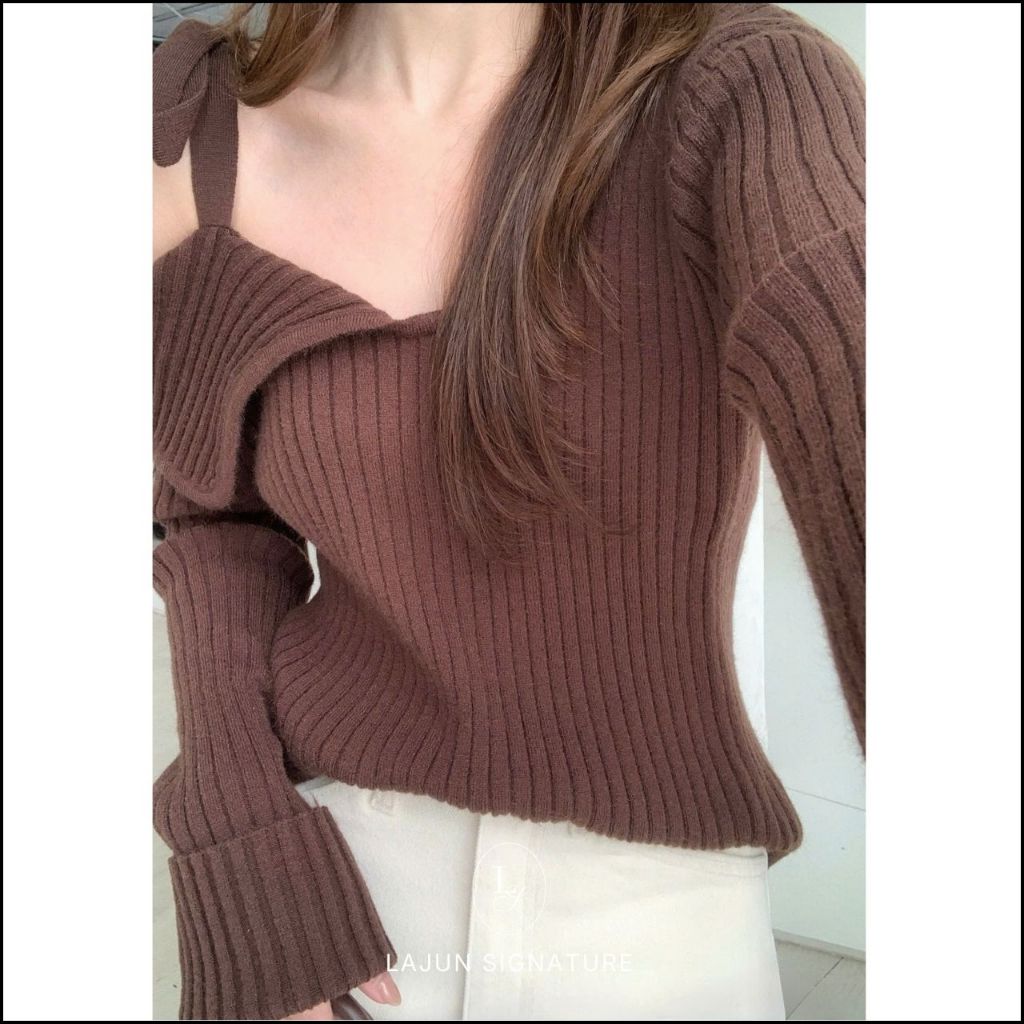 [LAJUN SIGNATURE] Áo Len Cột Nơ Ribbon Tay Dài Cổ V Lệch Vai Chất Len Gân Dày Dặn Tôn Dáng Hàn Quốc