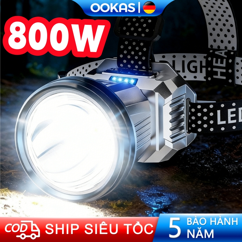 OOKAS 800W Đèn Pin Đội Đầu Đeo Trán Bóng Siêu Sáng Kèm Pin Sạc Siêu Tiện Lợi，Cắm Trại Du Lịch