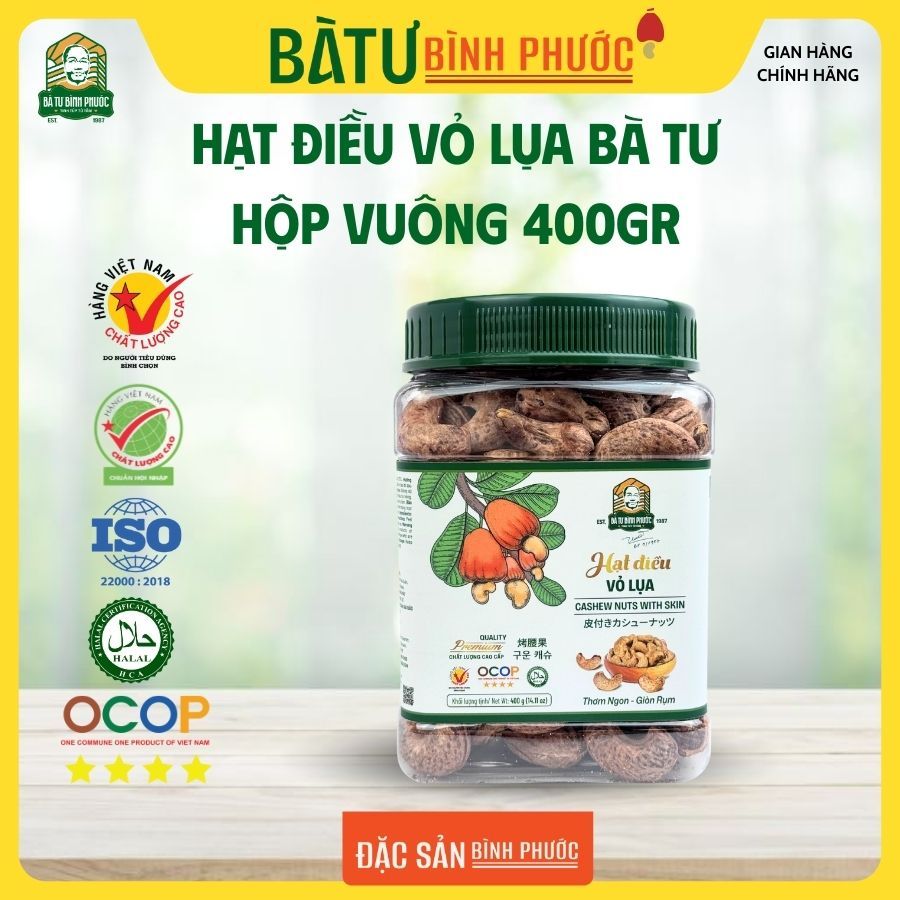 Hạt điều vỏ lụa Bà Tư hộp vuông 400 g