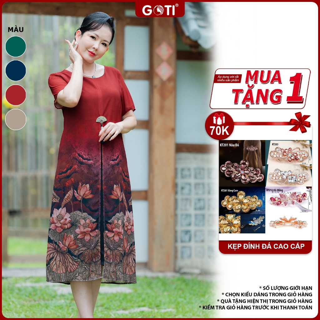 GOTI Đầm Trung Niên Đi Tiệc Cao Cấp Đầm Suông Voan Có Xẻ Tà,Tay Ngắn Hoạ Tiết In Hoa Cao Cấp 3406