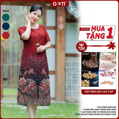GOTI Đầm Trung Niên Đi Tiệc Cao Cấp Đầm Suông Voan Có Xẻ Tà,Tay Ngắn Hoạ Tiết In Hoa Cao Cấp 3406