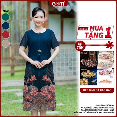 GOTI Đầm Trung Niên Dáng Suông Tay Ngắn,Xẻ Tà In 3D Cao Cấp,Sang Trọng Phù Hợp Đi Chơi,Đi Tiệc 3406