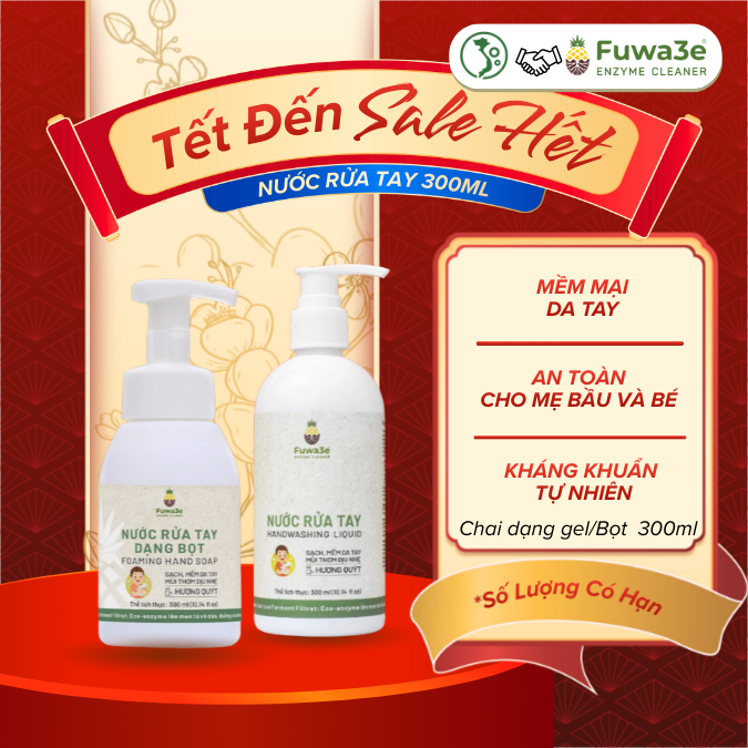 Nước Rửa Tay Hữu Cơ Fuwa3e Mùi Tinh Dầu Quýt Từ Chế Phẩm Enzyme Sinh Học 300ml, an toàn mẹ và bé, dạng bọt, dạng gel