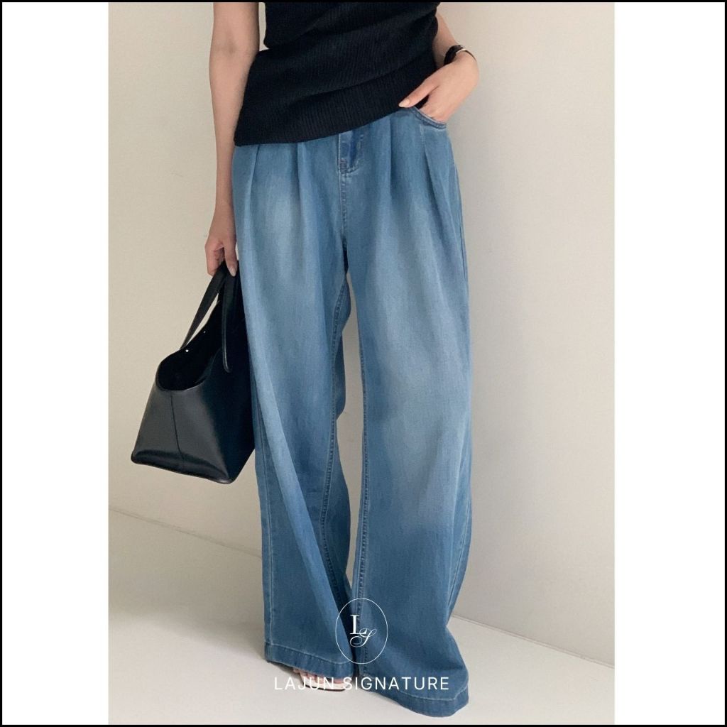 [LAJUN SIGNATURE] Quần Jeans Xếp Ly Pintuck Lưng Cao Form Suông Rộng Tôn Dáng Chất Mềm Nhẹ Thoải Mái