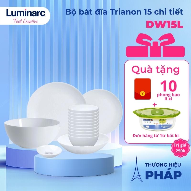 Bộ bát đĩa (tô chén dĩa) thủy tinh Luminarc Diwali 15 chi tiết DW 15I, dùng lò vi sóng, máy rửa bát