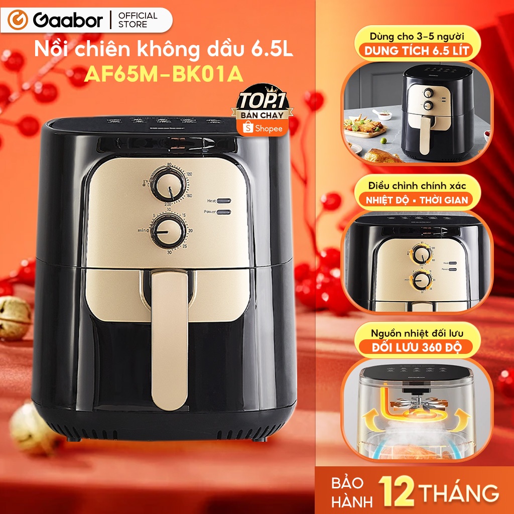 Gaabor Nồi chiên không dầu 6.5L dung tích, công suất 1400W điều khiển cơ học lòng nồi to
