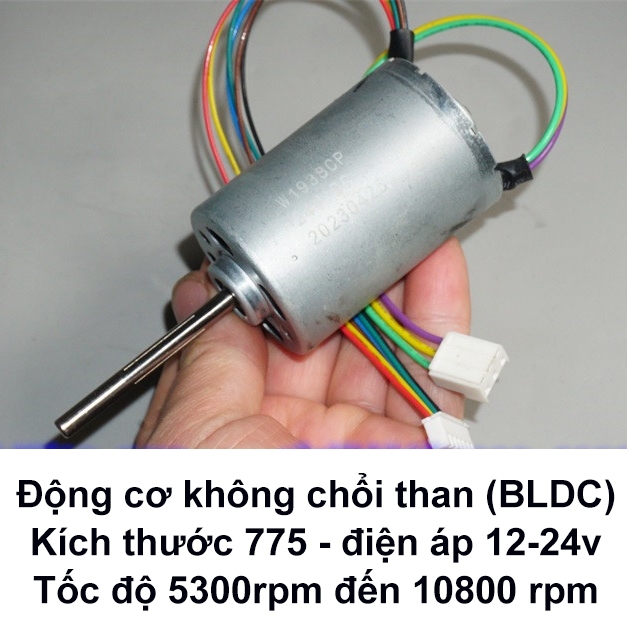 Động cơ 775 không chổi than BLDC  trục dài, dùng vòng bi,12–24V, có cảm biến Hall