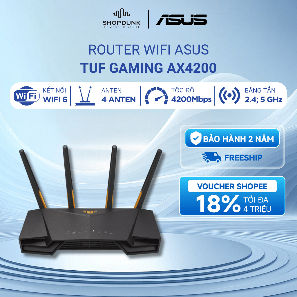 Bộ phát wifi 6 Asus TUF Gaming AX4200 (AX4200Mbps - 4 Ăng-ten ngoài - Wifi Mesh)