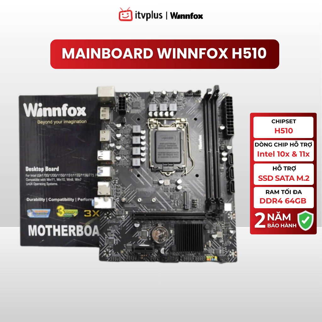 Mainboard Winnfox H510 Chipset Intel H510 M-ATX - Hỗ Trợ CPU Intel 10 & 11 - Full VAT - BH 2 Năm