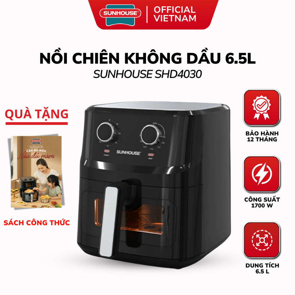 Nồi Chiên Không Dầu SUNHOUSE SHD4030 - 6.5L, 1700W, Khoang Chiên Nướng Trong Suốt, Bảo Hành 1 Năm